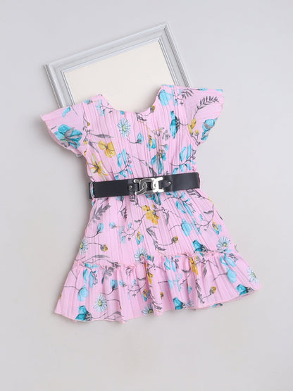 Cap Sleeves Floral Printed Pleated Dress With Belt - Pink