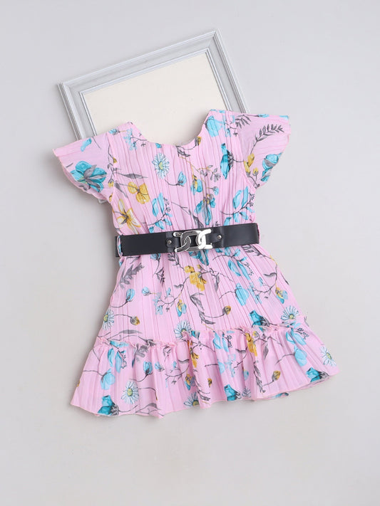 Cap Sleeves Floral Printed Pleated Dress With Belt - Pink