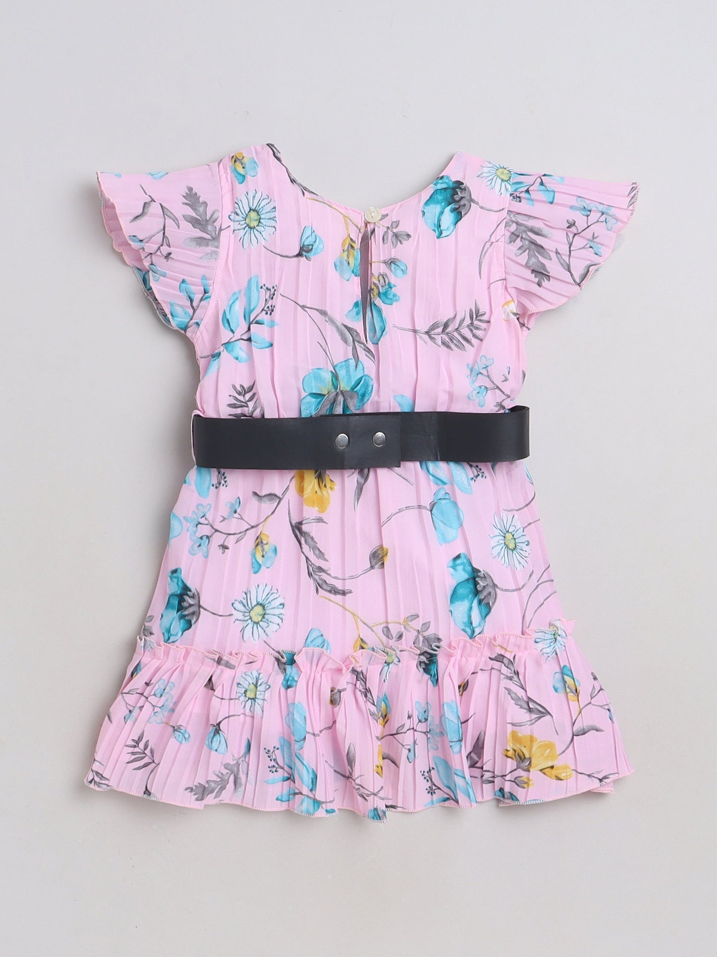 Cap Sleeves Floral Printed Pleated Dress With Belt - Pink