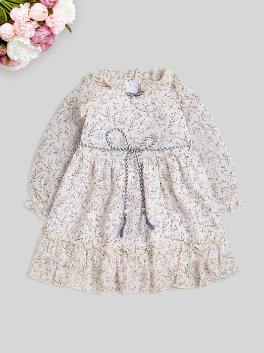 Full Sleeves Floral Printed Casual Dress- Beige