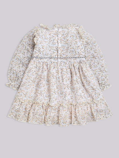 Full Sleeves Floral Printed Casual Dress- Beige
