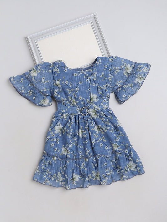The Magic Wand Elbow Sleeves Floral Printed Casual Dress Blue