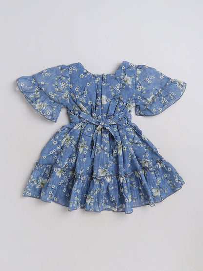 The Magic Wand Elbow Sleeves Floral Printed Casual Dress Blue