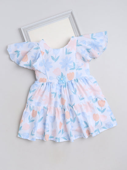 Flared Sleeves Floral Printed Casual Dress - Sky Blue