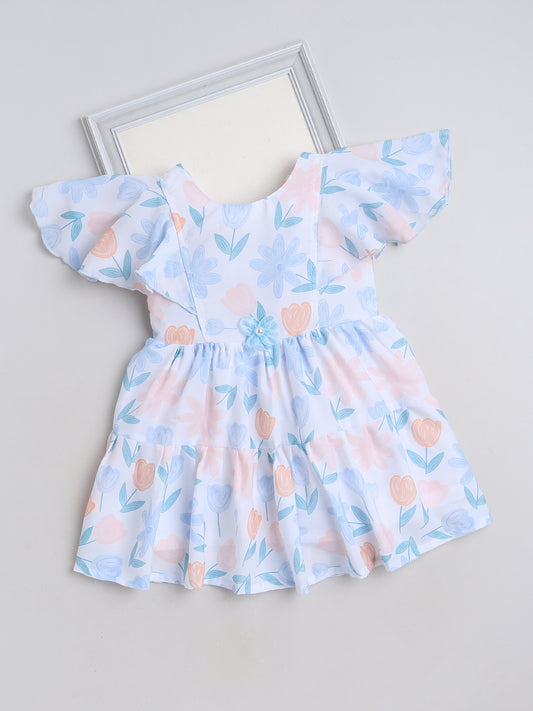 Flared Sleeves Floral Printed Casual Dress - Sky Blue