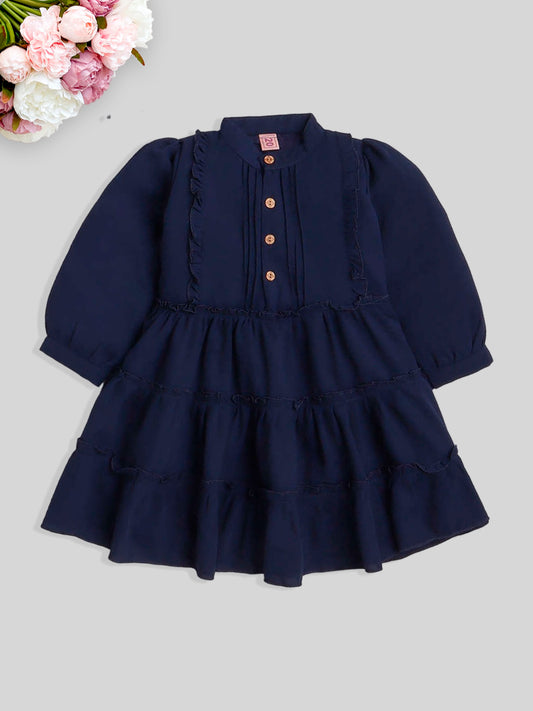 Full Sleeves Solid Printed Casual Dress- Navy Blue