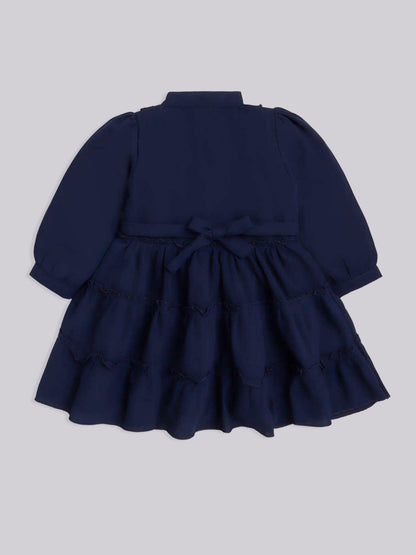 Full Sleeves Solid Printed Casual Dress- Navy Blue