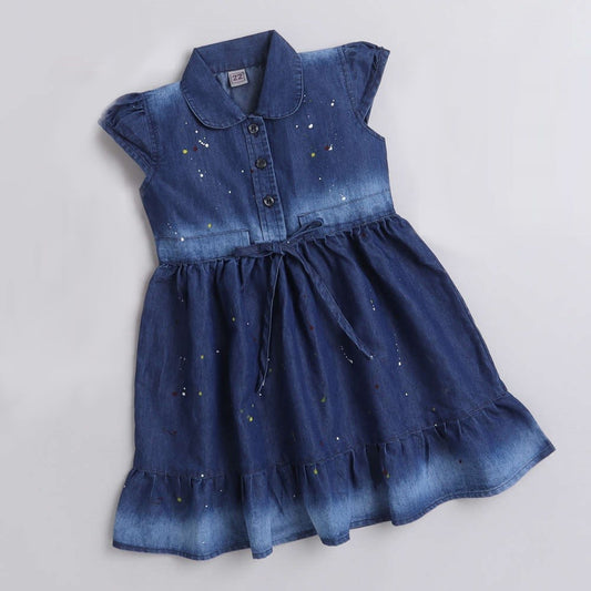Cap Sleeves Collar Denim Dress With Belt For Girls-Blue