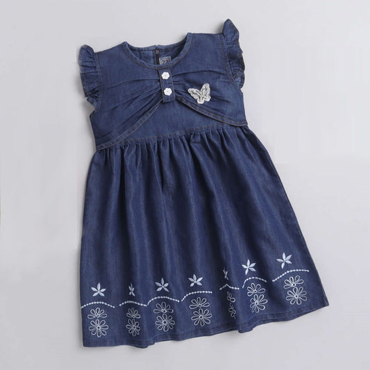 Ruffle Sleeves Denim Dress For Girls-Navy