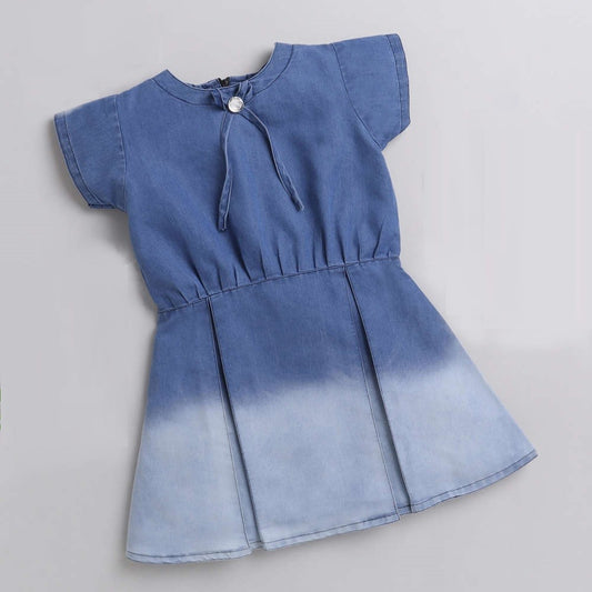 Cap Sleeves Tie-Dye Denim Dress For Girls-Blue