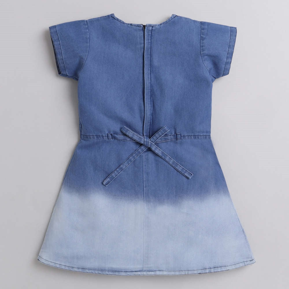 Cap Sleeves Tie-Dye Denim Dress For Girls-Blue
