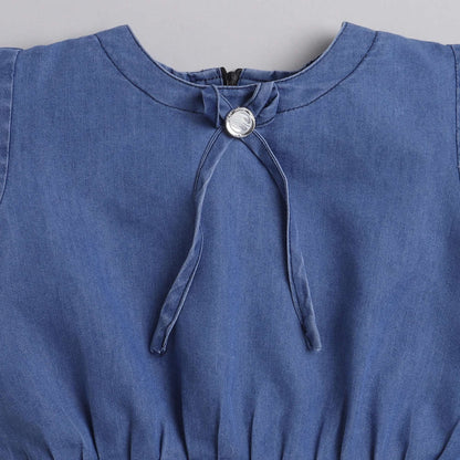 Cap Sleeves Tie-Dye Denim Dress For Girls-Blue