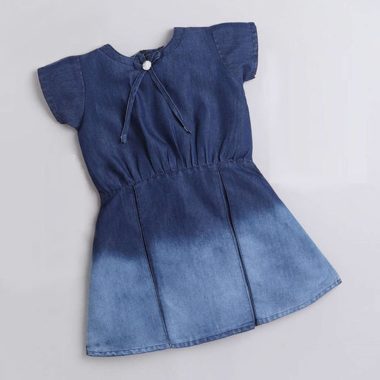 Cap Sleeves Tie & Dye Denim Dress For Girls-Blue