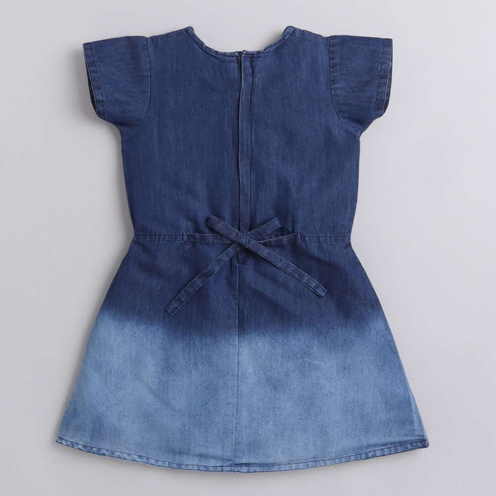 Cap Sleeves Tie & Dye Denim Dress For Girls-Blue