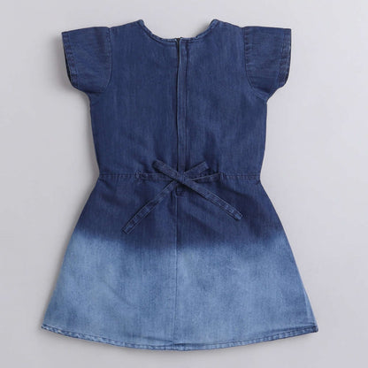 Cap Sleeves Tie & Dye Denim Dress For Girls-Blue