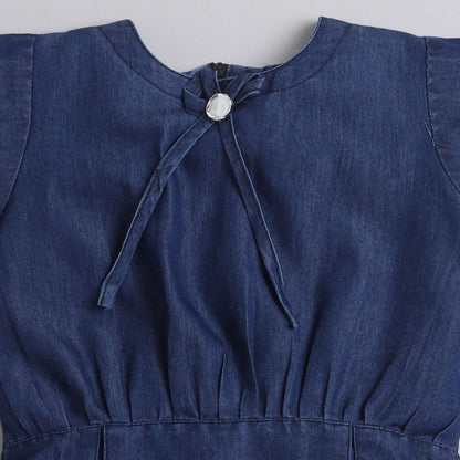 Cap Sleeves Tie & Dye Denim Dress For Girls-Blue