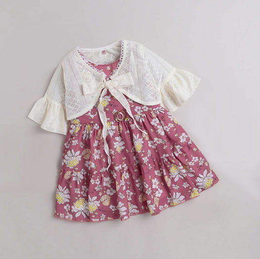 Floral Printed Dress With Full Sleeves Shrug For Girls