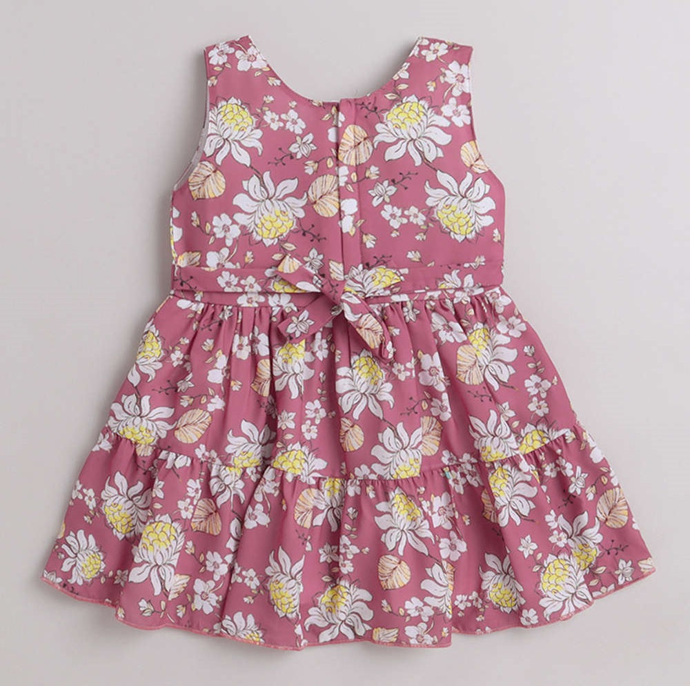 Floral Printed Dress With Full Sleeves Shrug For Girls - Red