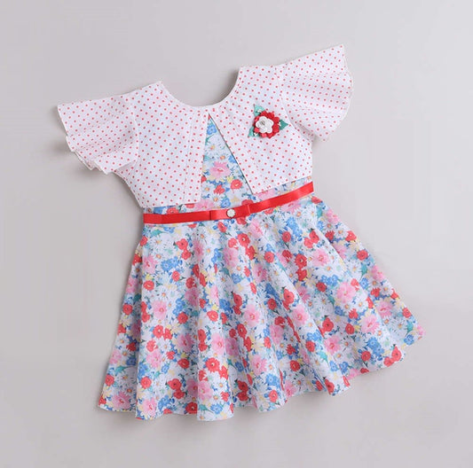 Floral Printed Dress With Full Sleeves Shrug and Belt For Girls
