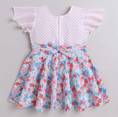 Floral Printed Dress With Full Sleeves Shrug and Belt For Girls