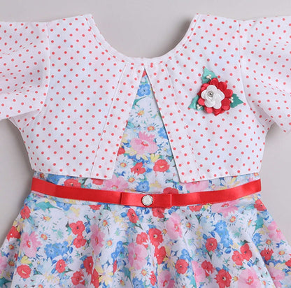 Floral Printed Dress With Full Sleeves Shrug and Belt For Girls