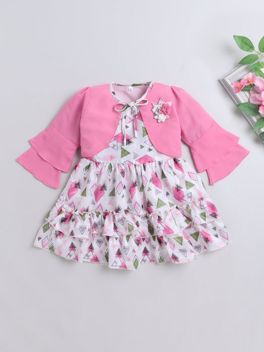 Geometric Printed Tiered Dress With Full Sleeves Flower Applique Detailed Shrug - Pink