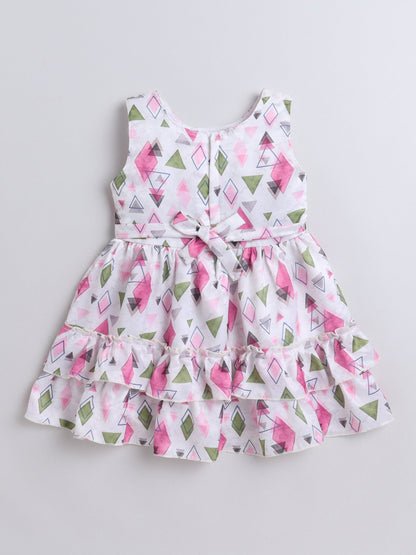 Geometric Printed Tiered Dress With Full Sleeves Flower Applique Detailed Shrug - Pink