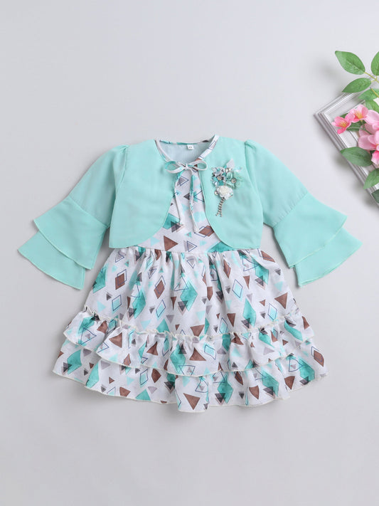 Geometric Printed Tiered Dress With Full Sleeves Flower Applique Detailed Shrug - Aqua Blue