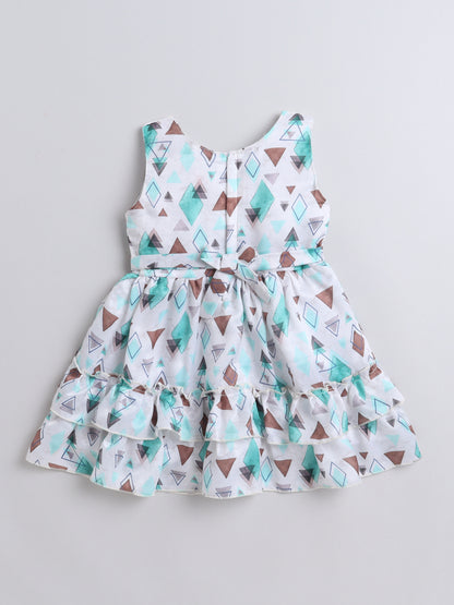 Sleeveless Floral Printed Tiered Dress With Full Sleeves Shrug With Corsage For Girls-Aqua