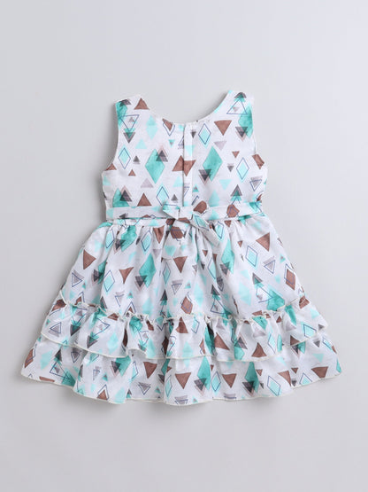 Geometric Printed Tiered Dress With Full Sleeves Flower Applique Detailed Shrug - Aqua Blue