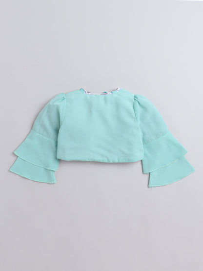 Sleeveless Floral Printed Tiered Dress With Full Sleeves Shrug With Corsage For Girls-Aqua