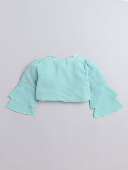Geometric Printed Tiered Dress With Full Sleeves Flower Applique Detailed Shrug - Aqua Blue