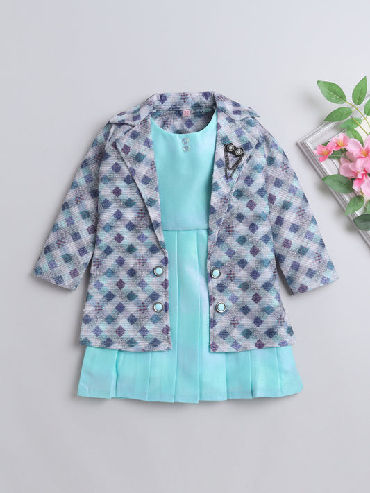 Sleeveless Solid Fit & Flare Dress With Full Sleeves Checks Printed Shrug With Applique For Girls-Aqua
