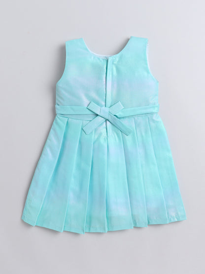 Sleeveless Solid Fit & Flare Dress With Full Sleeves Checks Printed Shrug With Applique For Girls-Aqua