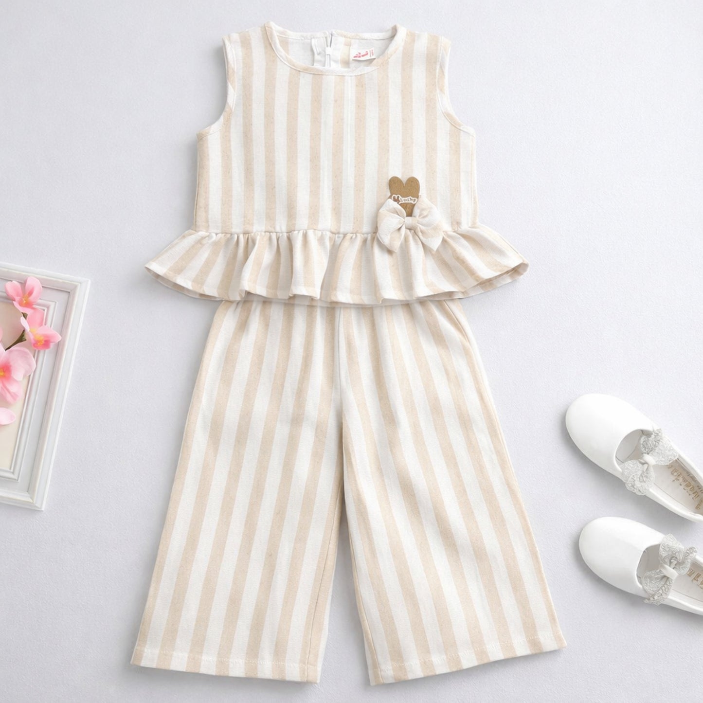 The Magic Wand Woven Sleeveless Stripes Ruffle Top And Pant Set - Beige