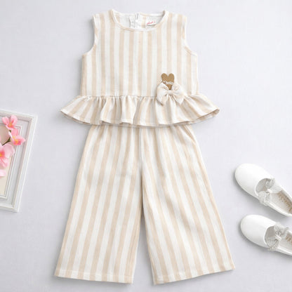 The Magic Wand Woven Sleeveless Stripes Ruffle Top And Pant Set - Beige