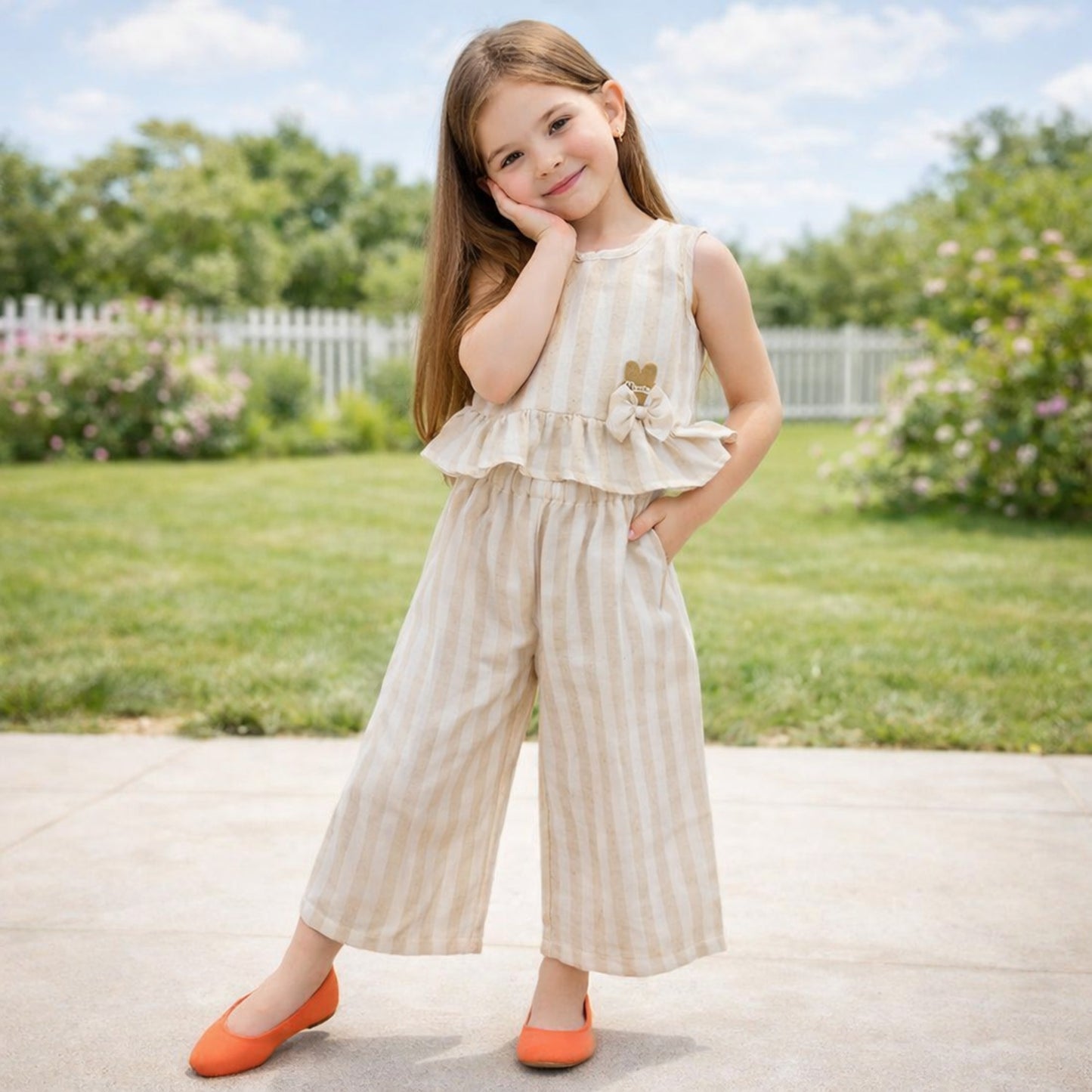 The Magic Wand Woven Sleeveless Stripes Ruffle Top And Pant Set - Beige