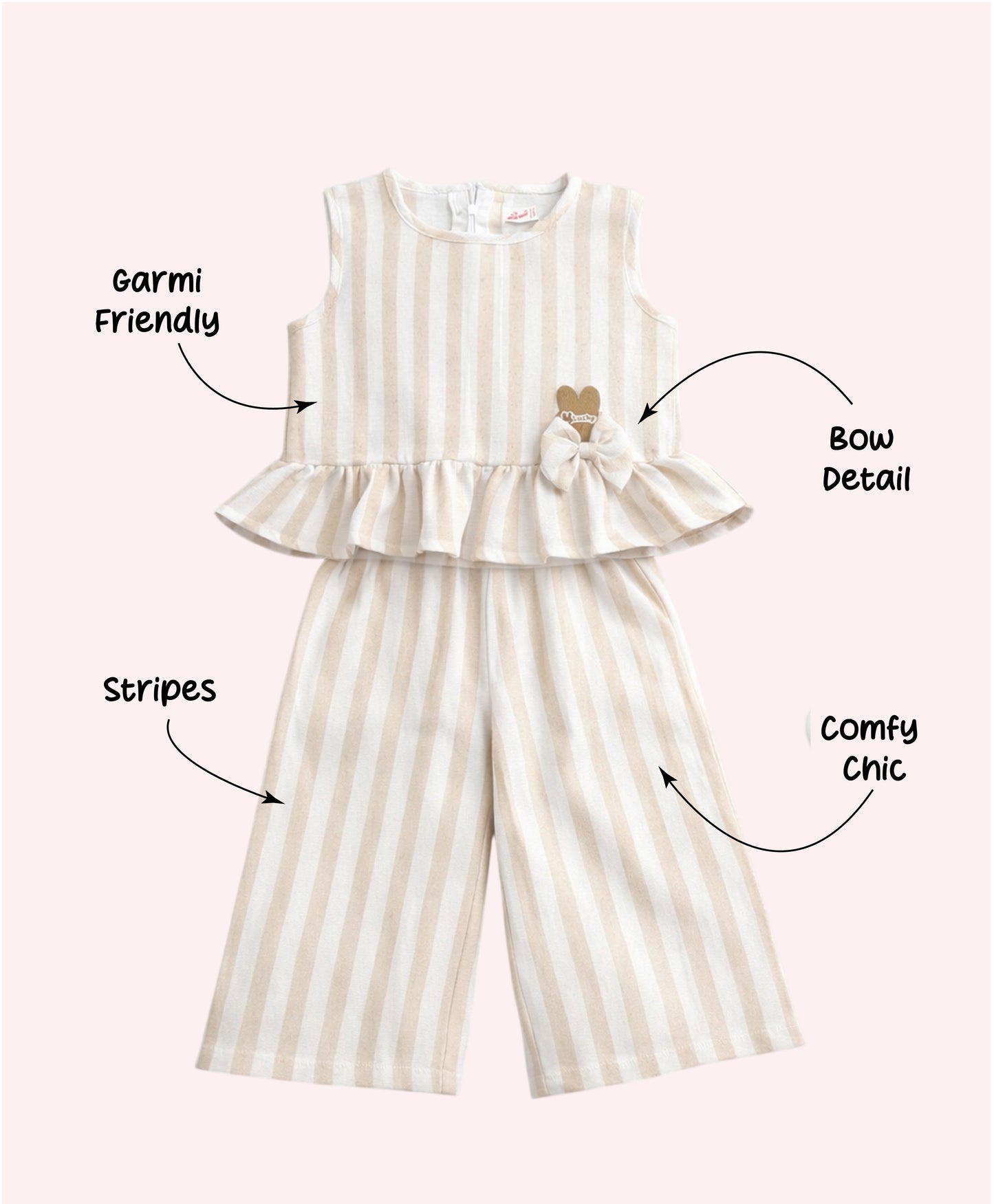 The Magic Wand Woven Sleeveless Stripes Ruffle Top And Pant Set - Beige