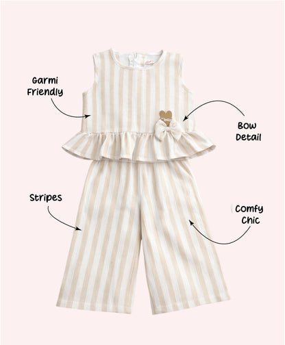 The Magic Wand Woven Sleeveless Stripes Ruffle Top And Pant Set - Beige
