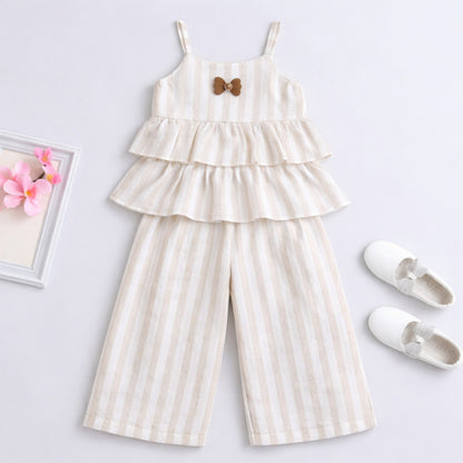 The Magic Wand Woven Strappy Striped Ruffle Layered Top And Pant Set - Beige