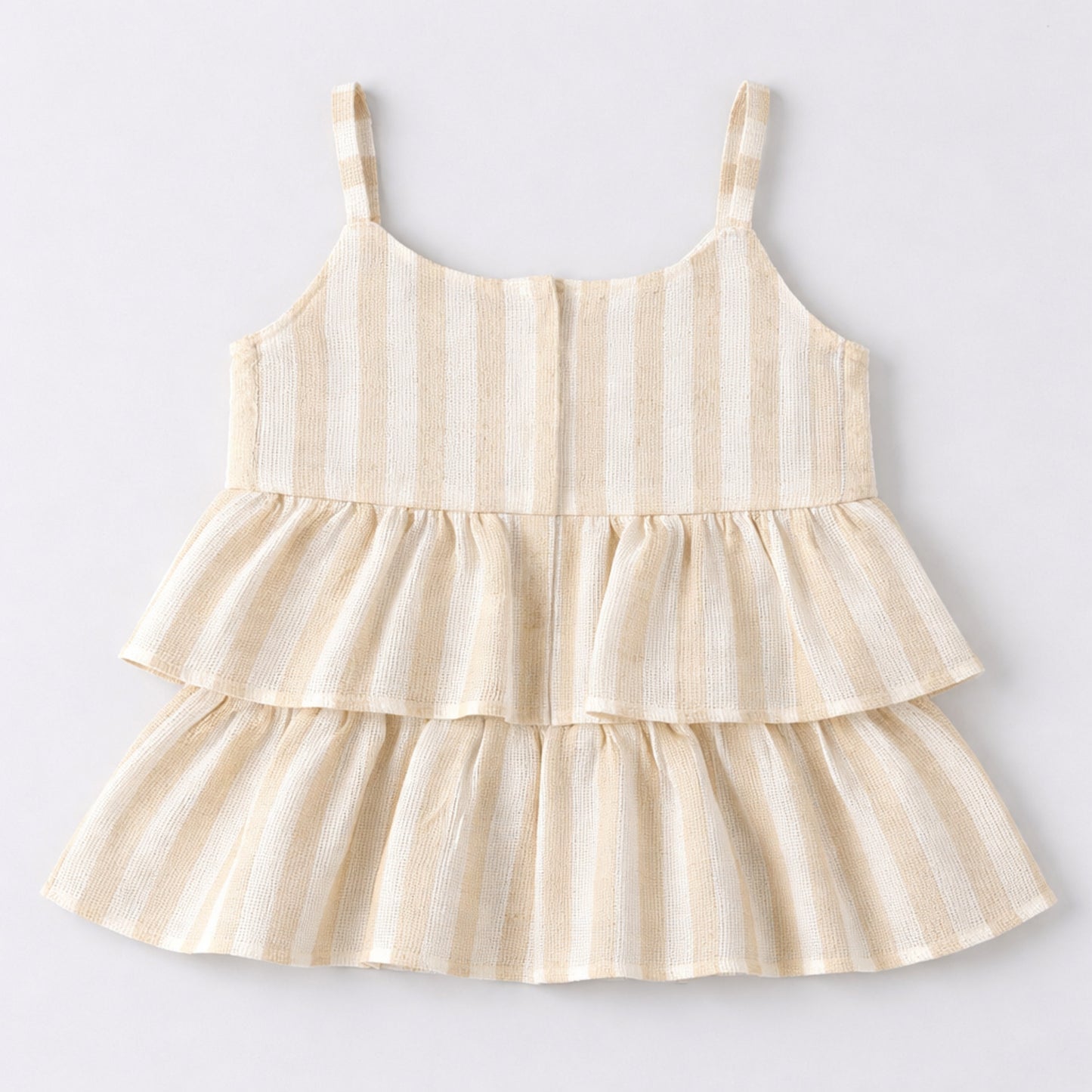 The Magic Wand Woven Strappy Striped Ruffle Layered Top And Pant Set - Beige