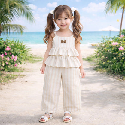The Magic Wand Woven Strappy Striped Ruffle Layered Top And Pant Set - Beige