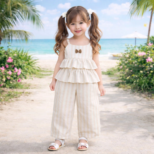 The Magic Wand Woven Strappy Striped Ruffle Layered Top And Pant Set - Beige