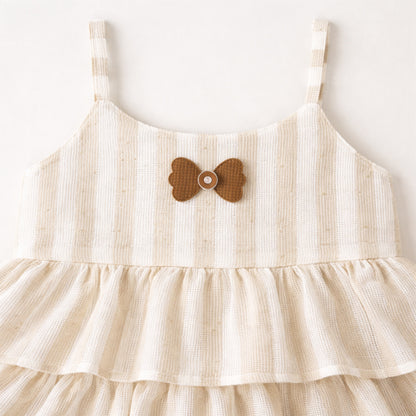 The Magic Wand Woven Strappy Striped Ruffle Layered Top And Pant Set - Beige