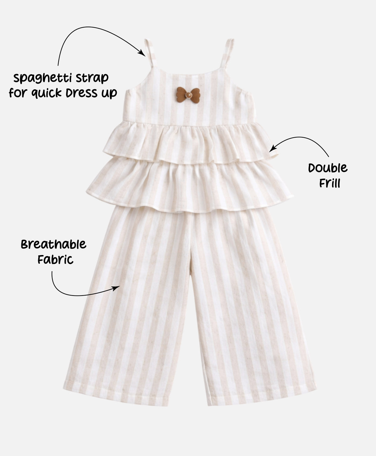 The Magic Wand Woven Strappy Striped Ruffle Layered Top And Pant Set - Beige