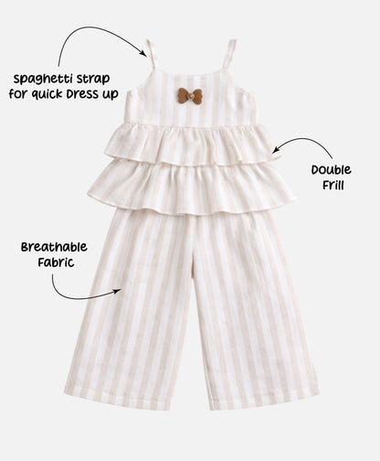 The Magic Wand Woven Strappy Striped Ruffle Layered Top And Pant Set - Beige