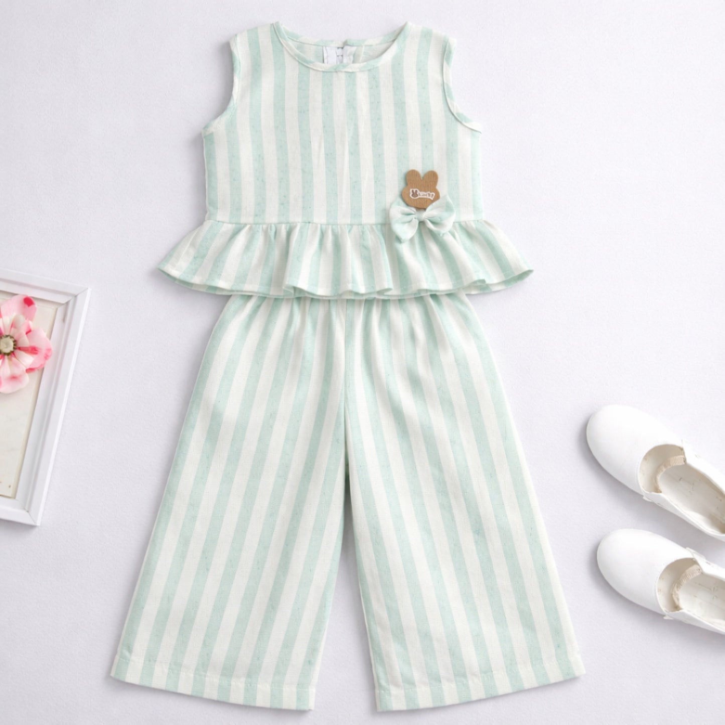 The Magic Wand Woven Sleeveless Stripes Ruffle Top And Pant Set - Mint Green