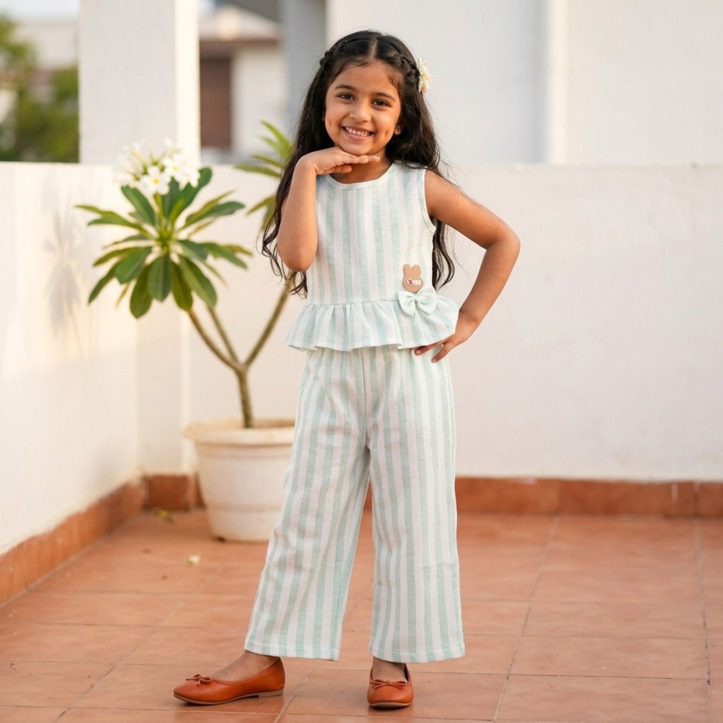 The Magic Wand Woven Sleeveless Stripes Ruffle Top And Pant Set - Mint Green
