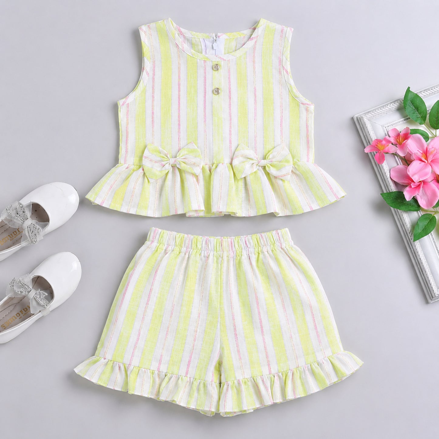The Magic Wand Woven Sleeveless Stripes Ruffle Hem Top With Bow Detail And Shorts Set -Yellow