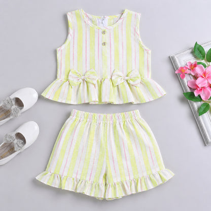 The Magic Wand Woven Sleeveless Stripes Ruffle Hem Top With Bow Detail And Shorts Set -Yellow
